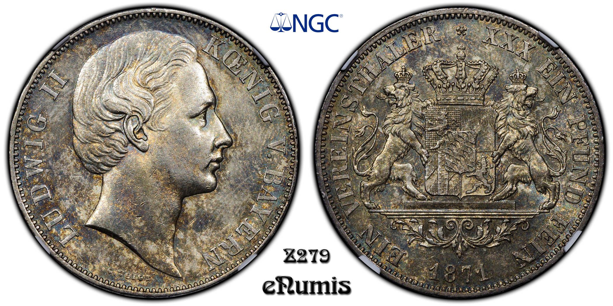 Germany, Bavaria, Ludwig II, Taler 1871, Rare!, Mule, NGC MS 61 Germany, Bavaria, Ludwig II, Taler 1871, Rare!, Mule, NGC MS 61
