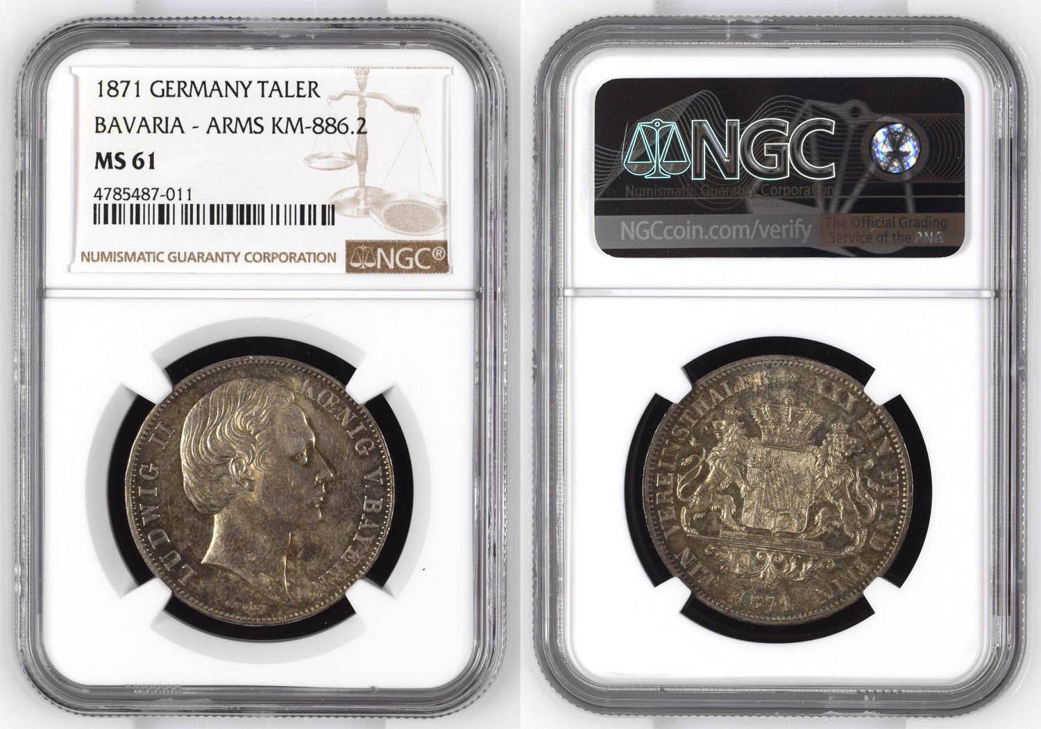 Germany, Bavaria, Ludwig II, Taler 1871, Rare!, Mule, NGC MS 61 Germany, Bavaria, Ludwig II, Taler 1871, Rare!, Mule, NGC MS 61