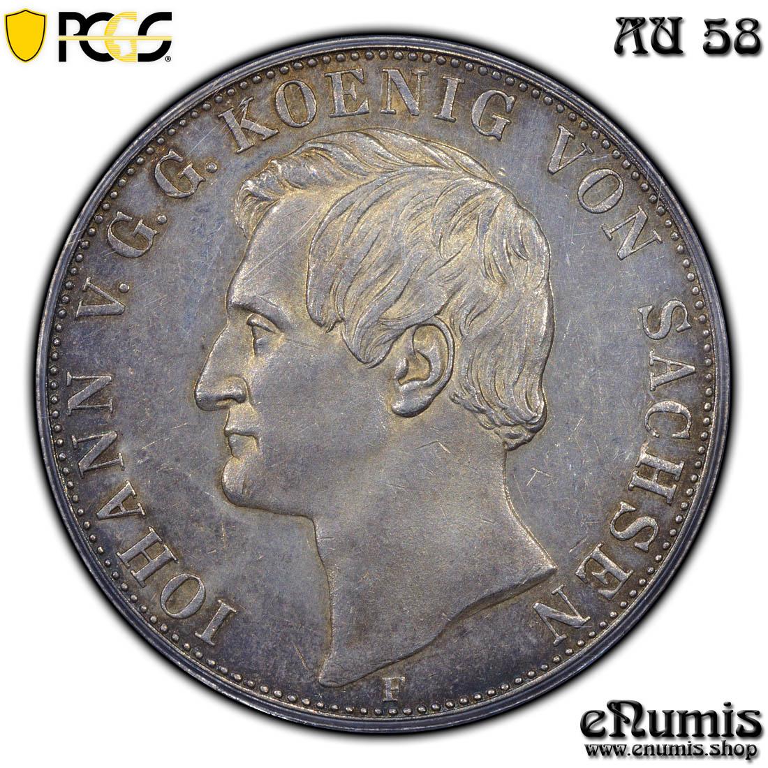Germany, Saxony, Johann, 2 Taler 1858, Mint error VEREINSTHAELR, PCGS AU 58 Germany, Saxony, Johann, 2 Taler 1858, Mint error VEREINSTHAELR, PCGS AU 58