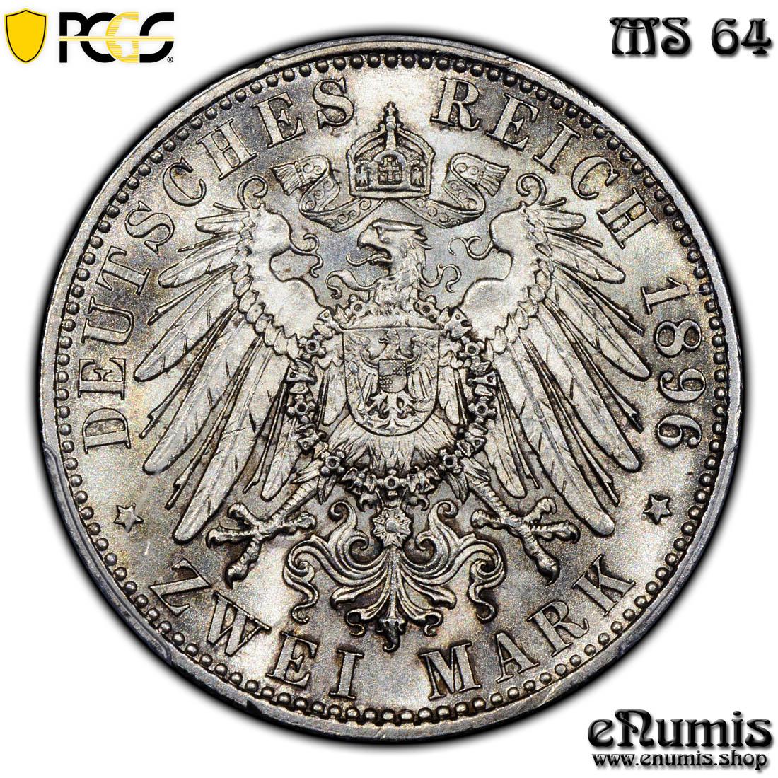 Germany, Schwarzburg Sondershausen, 2 Mark 1896, PCGS MS 64 Germany, Schwarzburg Sondershausen, 2 Mark 1896, PCGS MS 64