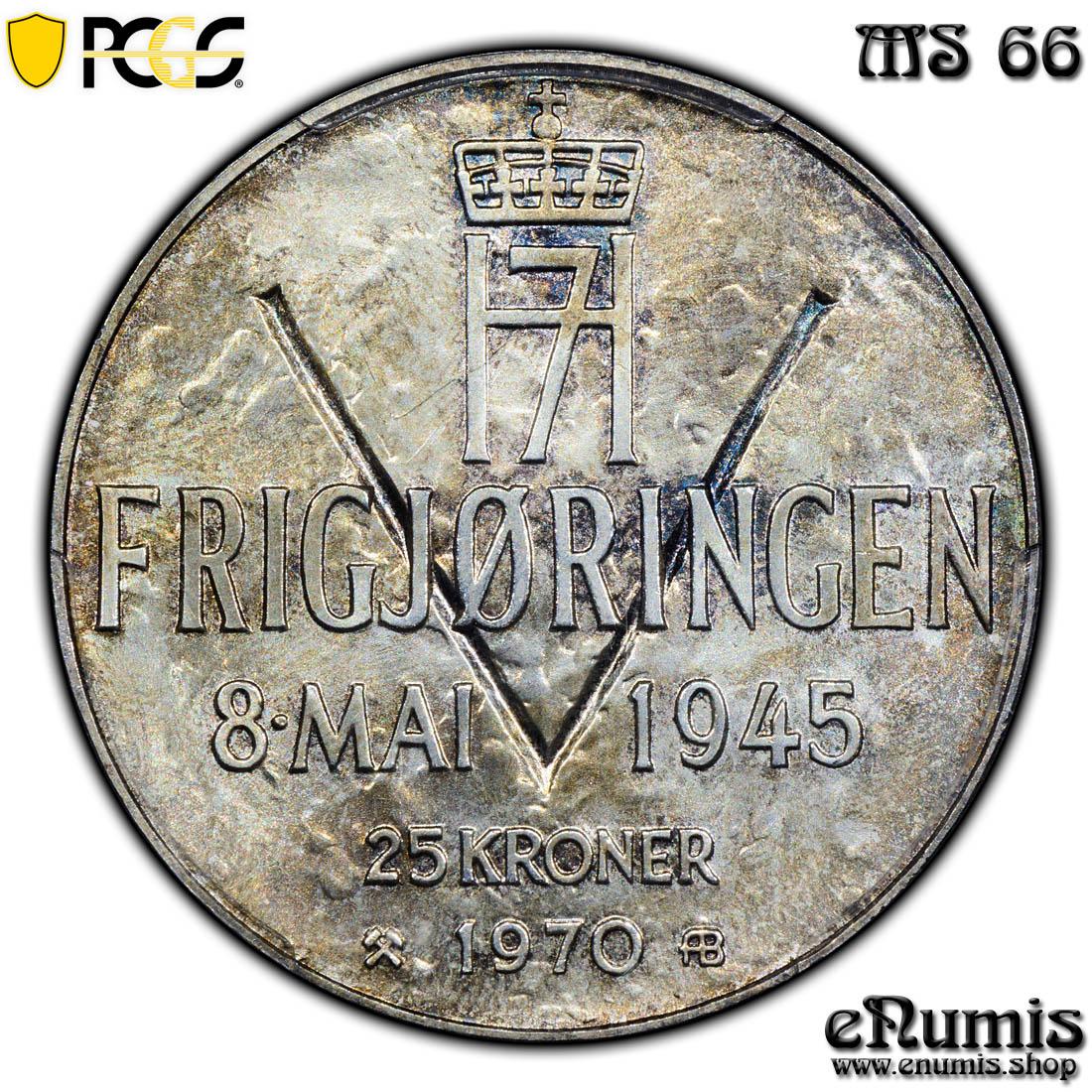 NORWAY, Olav V, 25 Kroner 1970, Anniversary of Liberation, PCGS MS 66