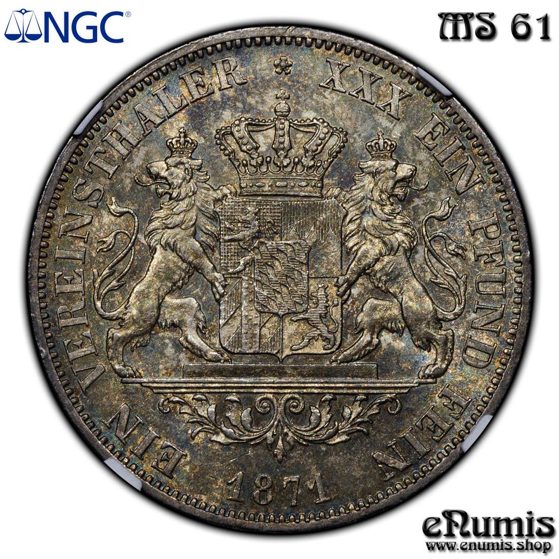 Germany, Bavaria, Ludwig II, Taler 1871, Rare!, Mule, NGC MS 61 Germany, Bavaria, Ludwig II, Taler 1871, Rare!, Mule, NGC MS 61