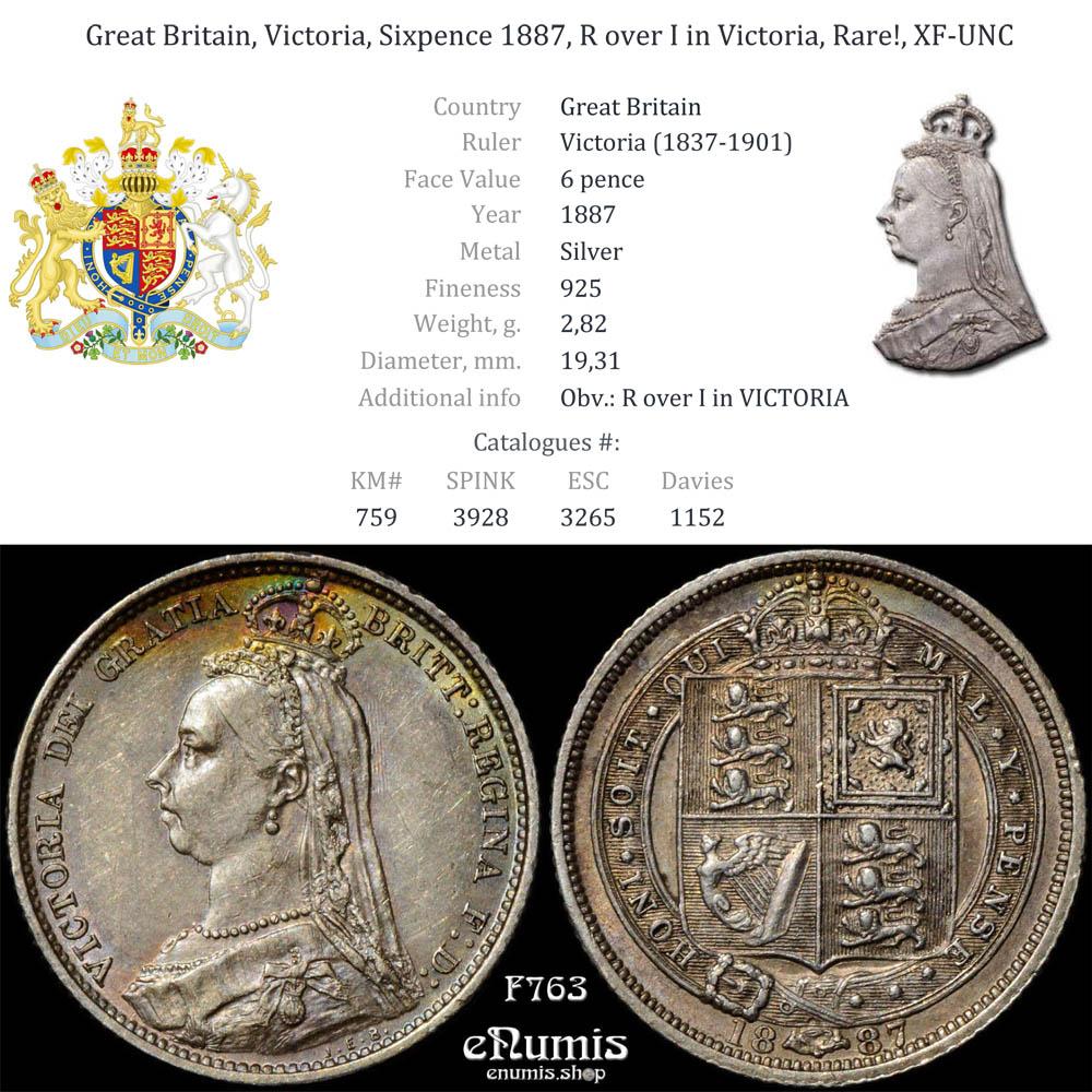 Great Britain, Victoria, Sixpence 1887, R over I in Victoria, Rare!, XF-UNC