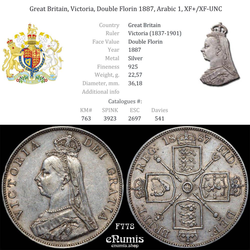 Great Britain, Victoria, Double Florin 1887, Arabic 1, XF+/XF-UNC
