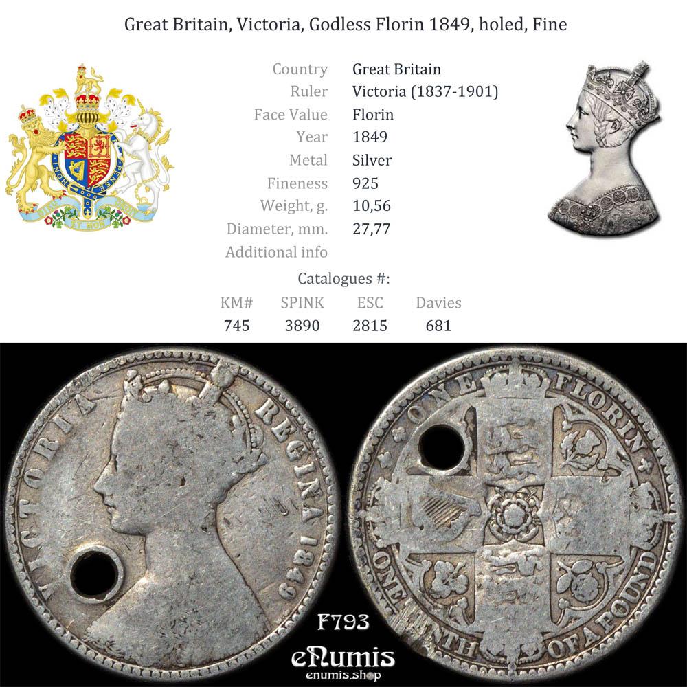 Great Britain, Victoria, Godless Florin 1849, holed, Fine