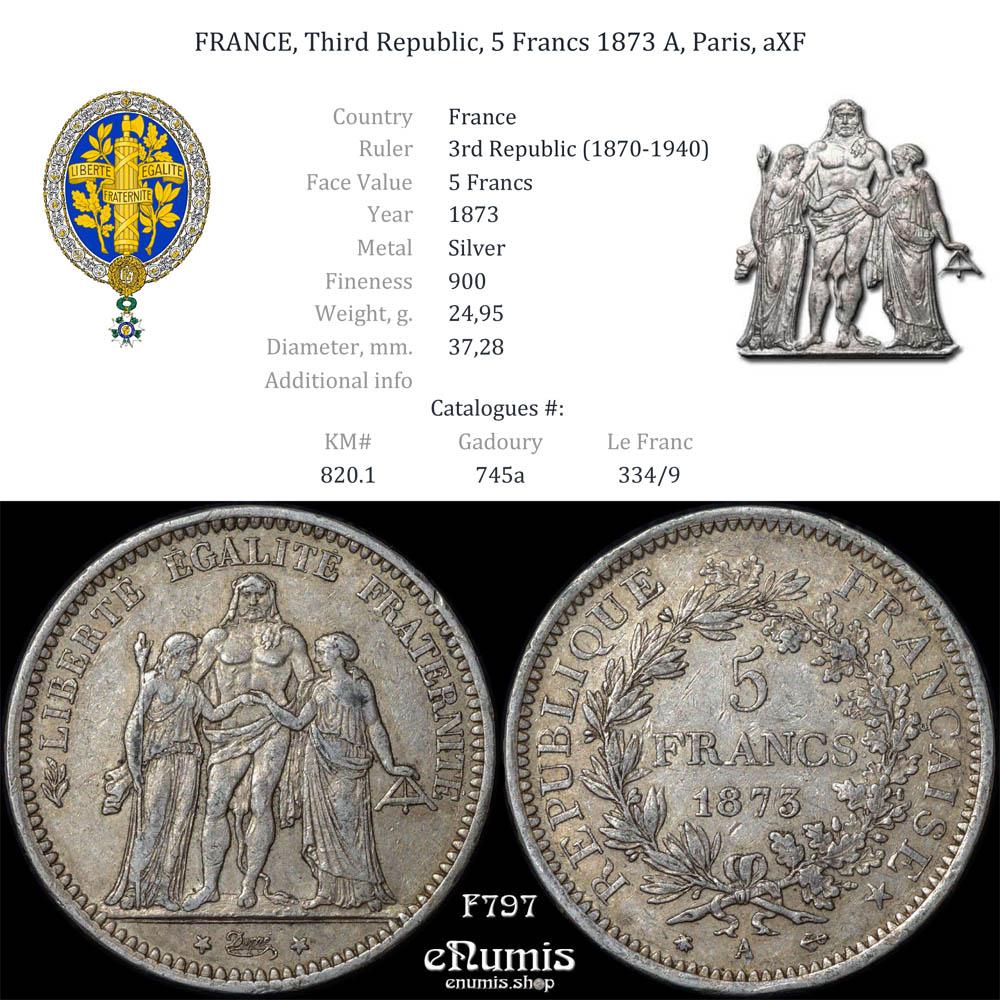 FRANCE, Third Republic, 5 Francs 1873 A, Paris, aXF
