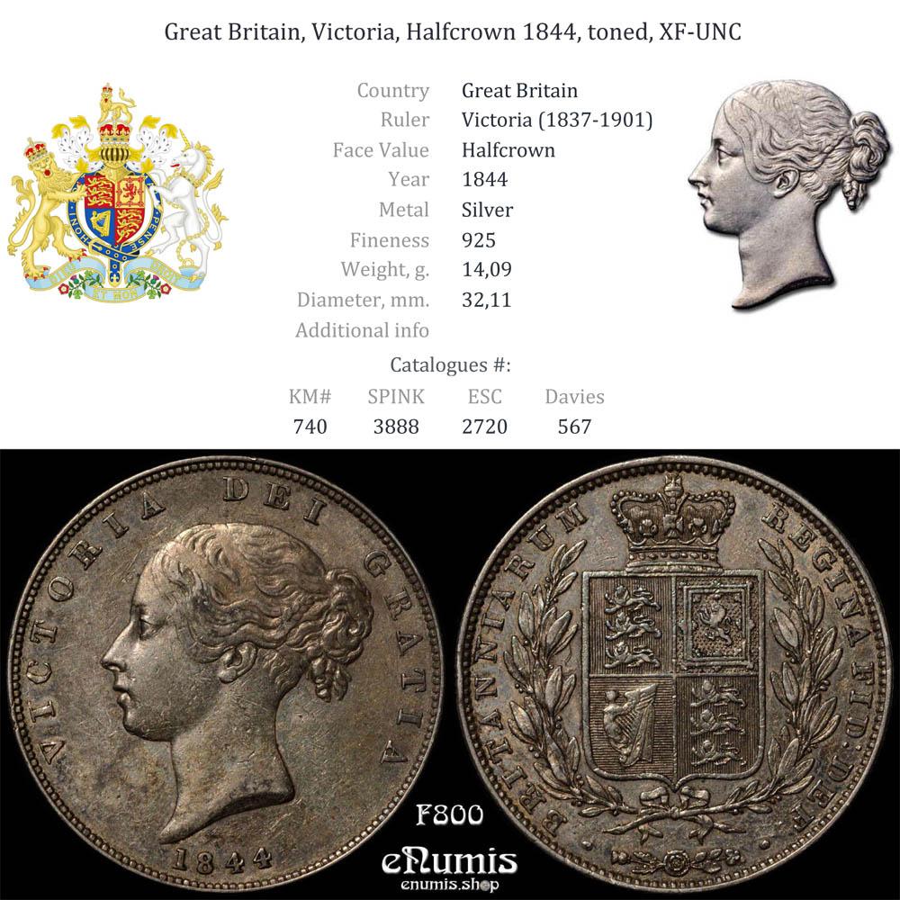 Great Britain, Victoria, Halfcrown 1844, toned, XF-UNC