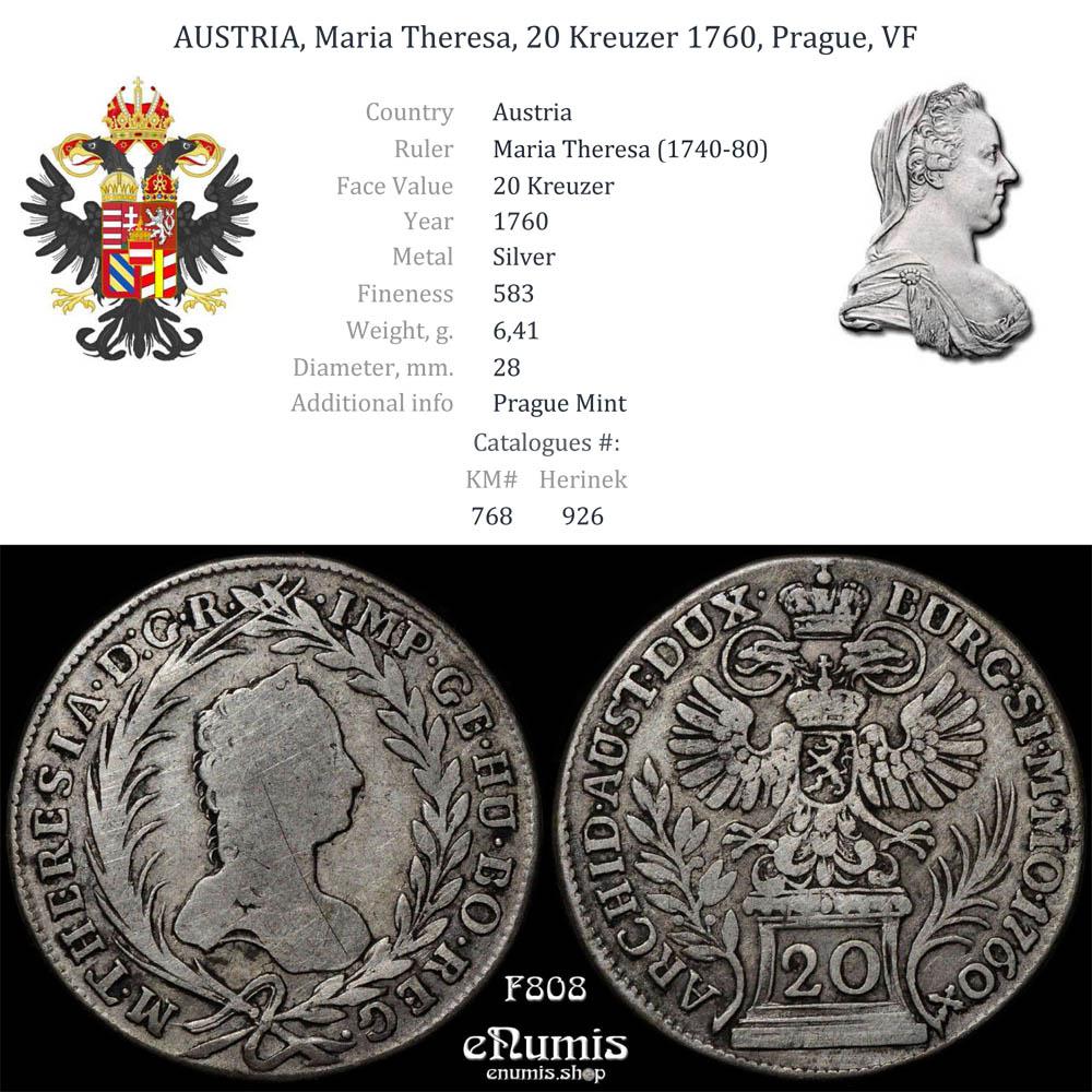 AUSTRIA, Maria Theresa, 20 Kreuzer 1760, Prague, VF
