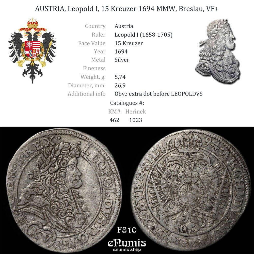AUSTRIA, Leopold I, 15 Kreuzer 1694 MMW, Breslau, VF+