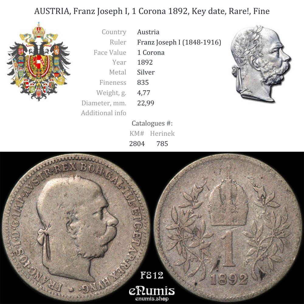 AUSTRIA, Franz Joseph I, 1 Corona 1892, Key date, Rare!, Fine