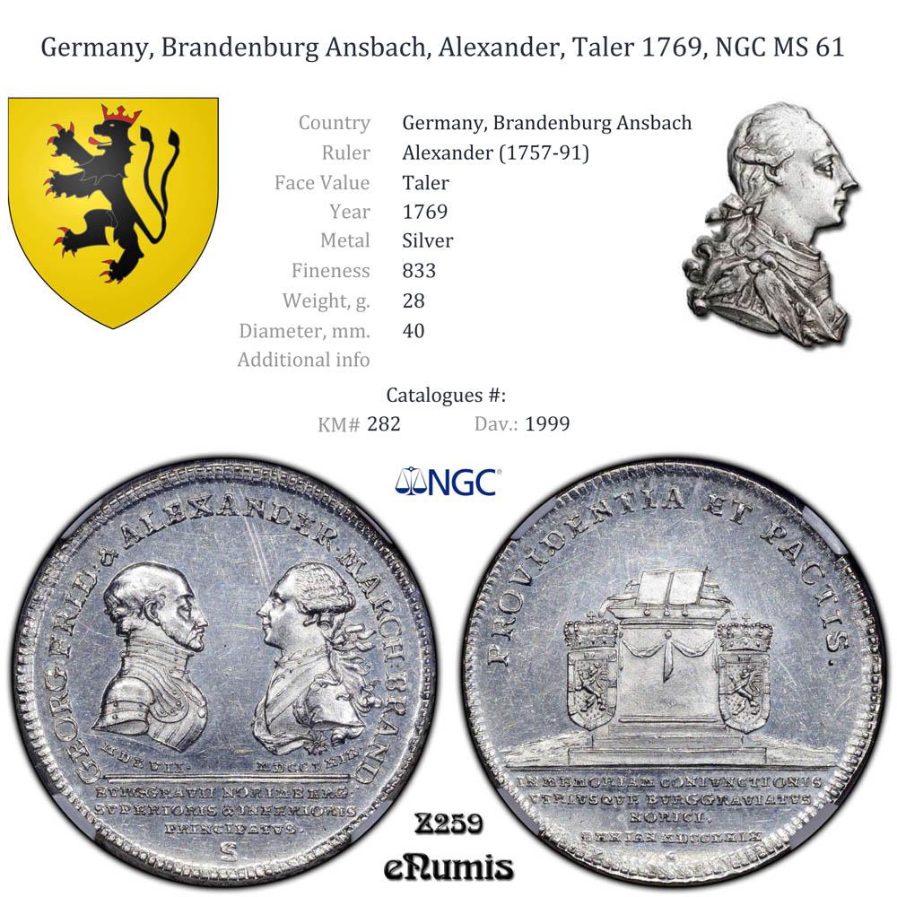 Germany, Brandenburg Ansbach, Alexander, Taler 1769, NGC MS 61