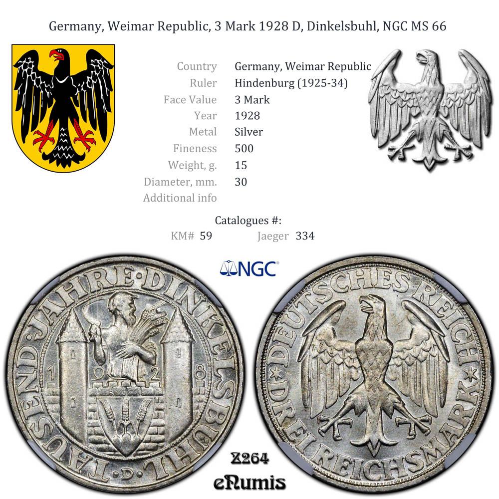 Germany, Weimar Republic, 3 Mark 1928 D, Dinkelsbuhl, NGC MS 66