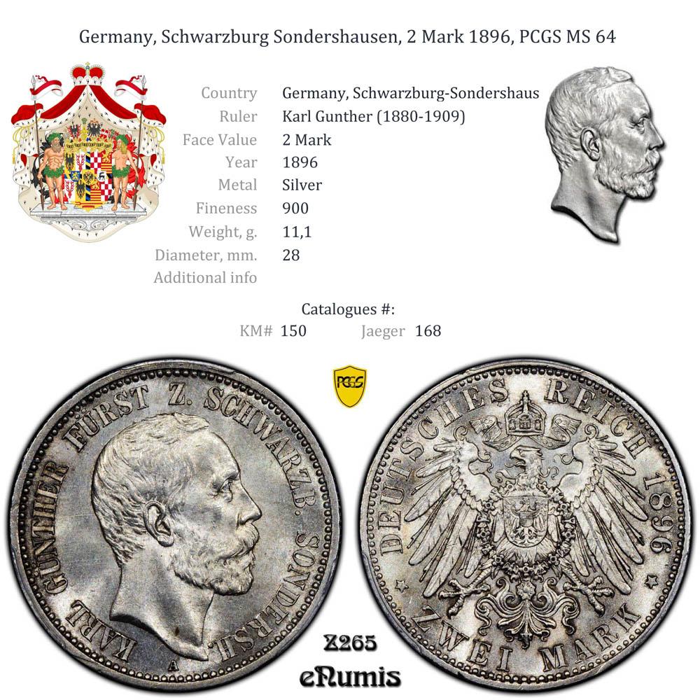 Germany, Schwarzburg Sondershausen, 2 Mark 1896, PCGS MS 64 Germany, Schwarzburg Sondershausen, 2 Mark 1896, PCGS MS 64