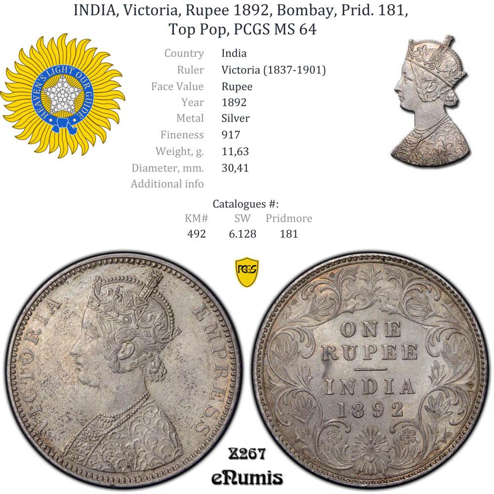 INDIA, Victoria, Rupee 1892, Bombay, Prid. 181, Top Pop, PCGS MS 64