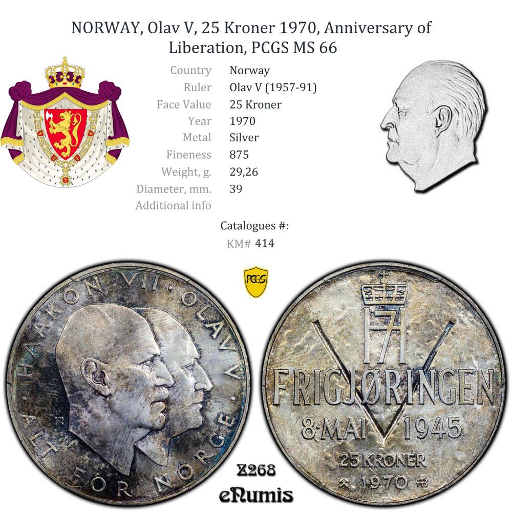 NORWAY, Olav V, 25 Kroner 1970, Anniversary of Liberation, PCGS MS 66