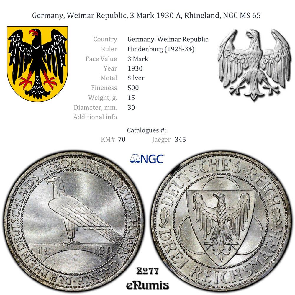Germany, Weimar Republic, 3 Mark 1930 A, Rhineland, NGC MS 65