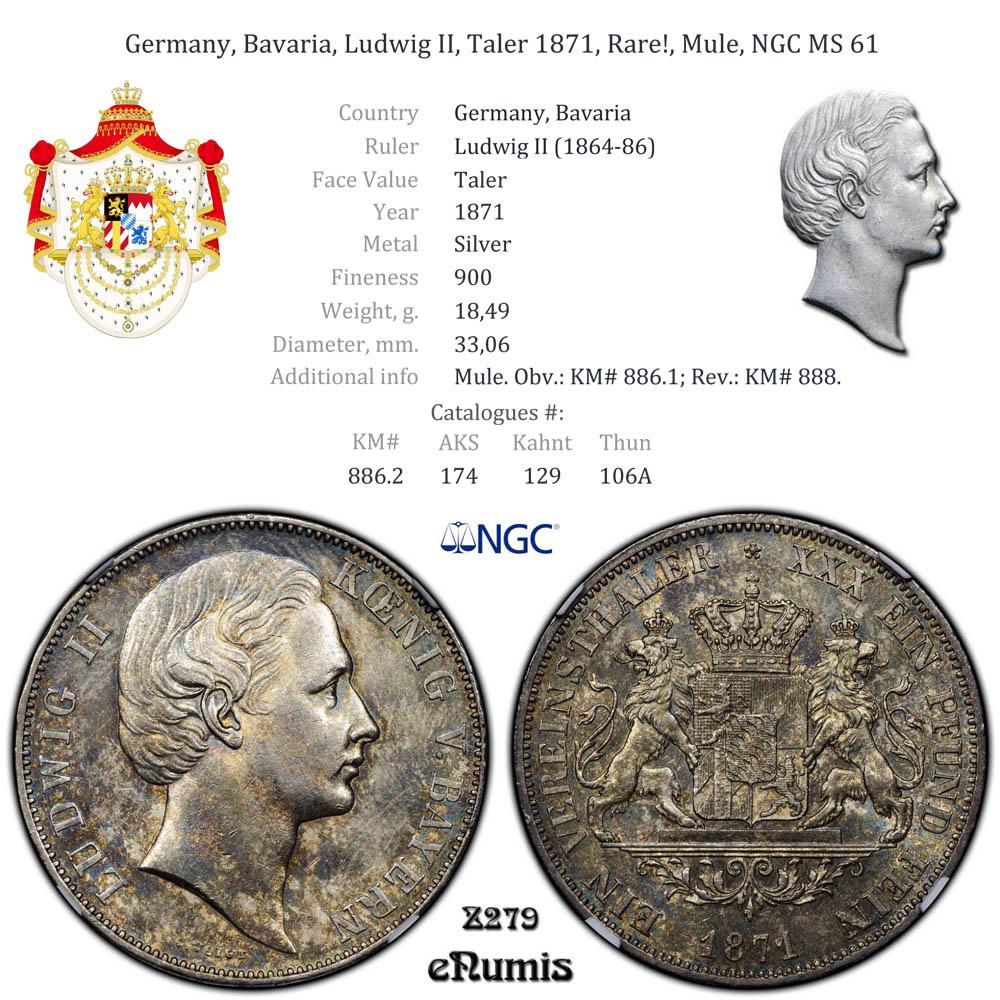 Germany, Bavaria, Ludwig II, Taler 1871, Rare!, Mule, NGC MS 61 Germany, Bavaria, Ludwig II, Taler 1871, Rare!, Mule, NGC MS 61