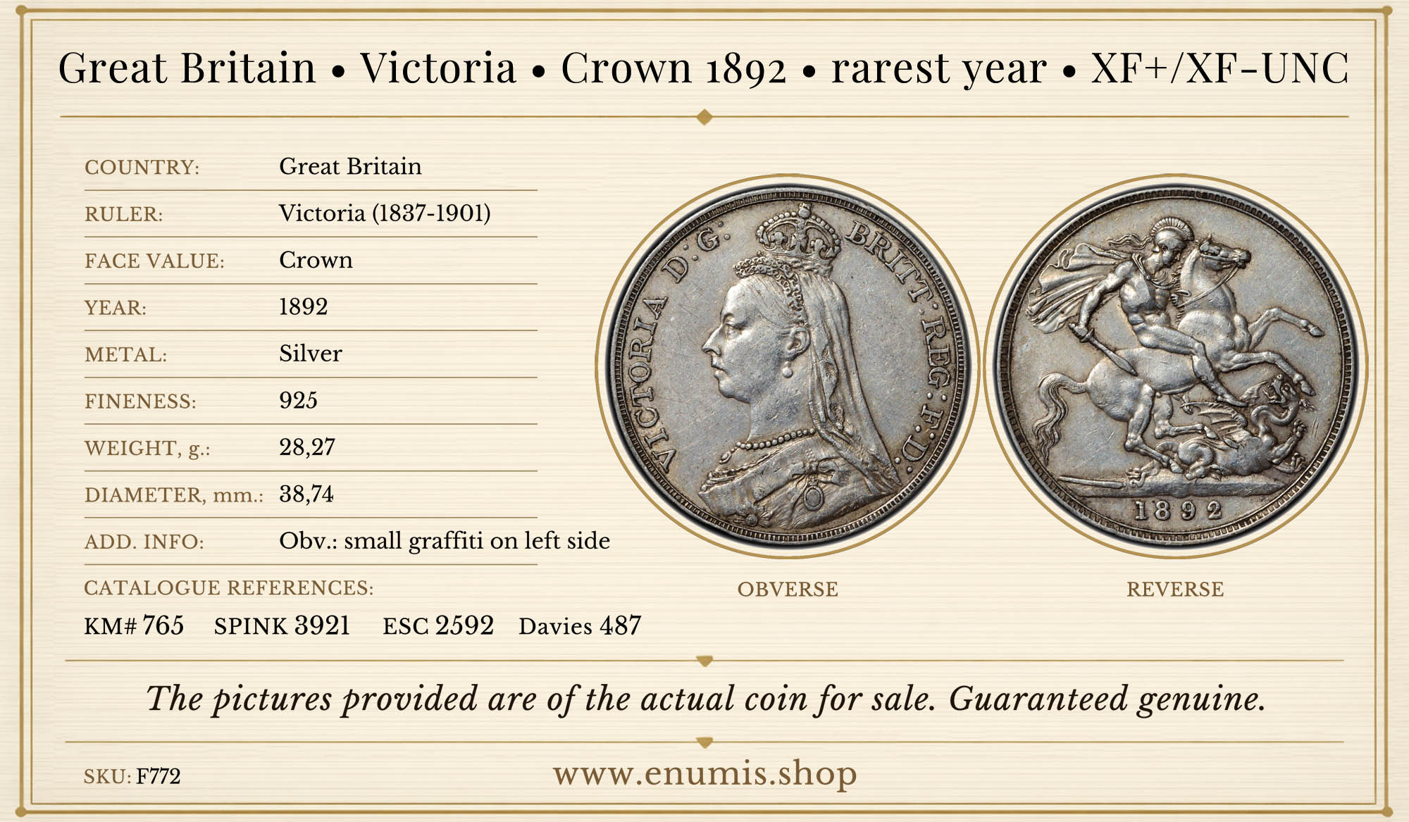 Great Britain, Victoria, Crown 1892, rarest year, XF+/XF-UNC