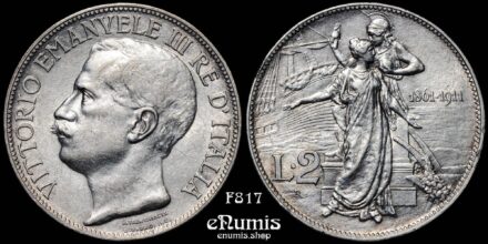 ITALY, Vittorio Emanuele III, 2 Lire 1911 R, 50th Ann. of the Kingdom, aUNC