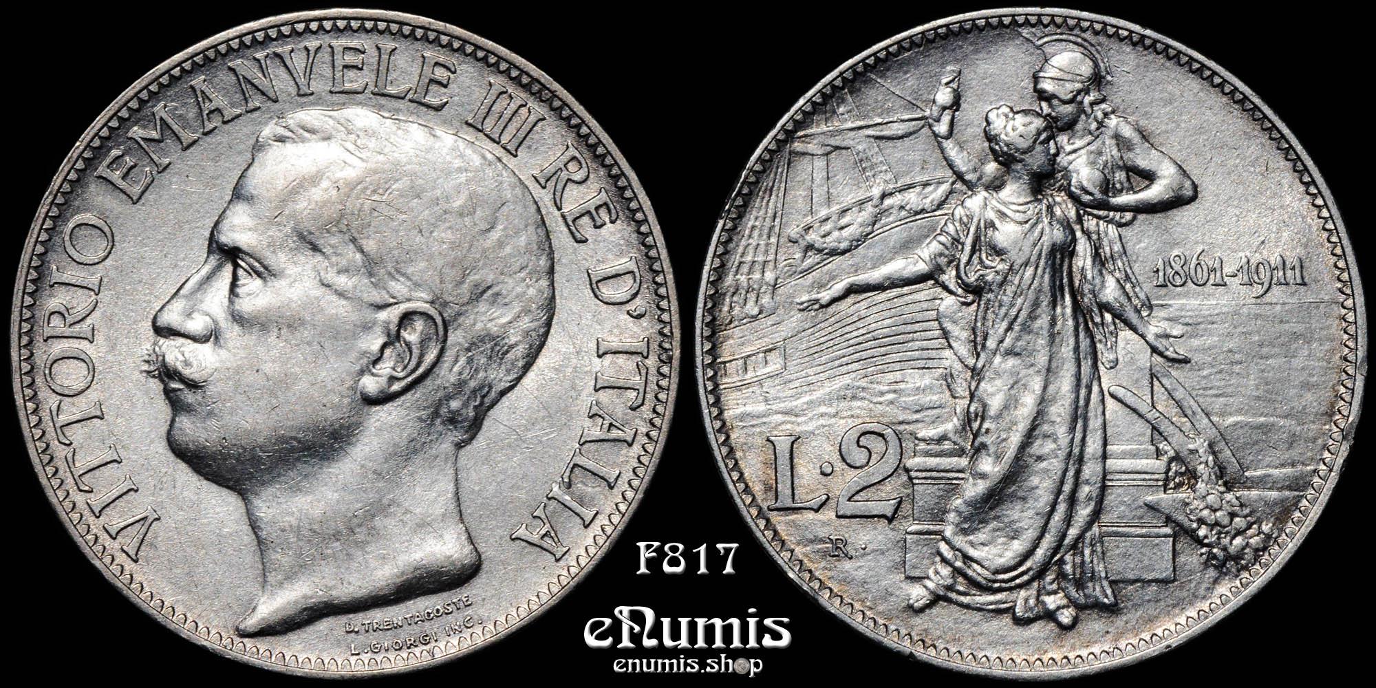 ITALY, Vittorio Emanuele III, 2 Lire 1911 R, 50th Ann. of the Kingdom, aUNC