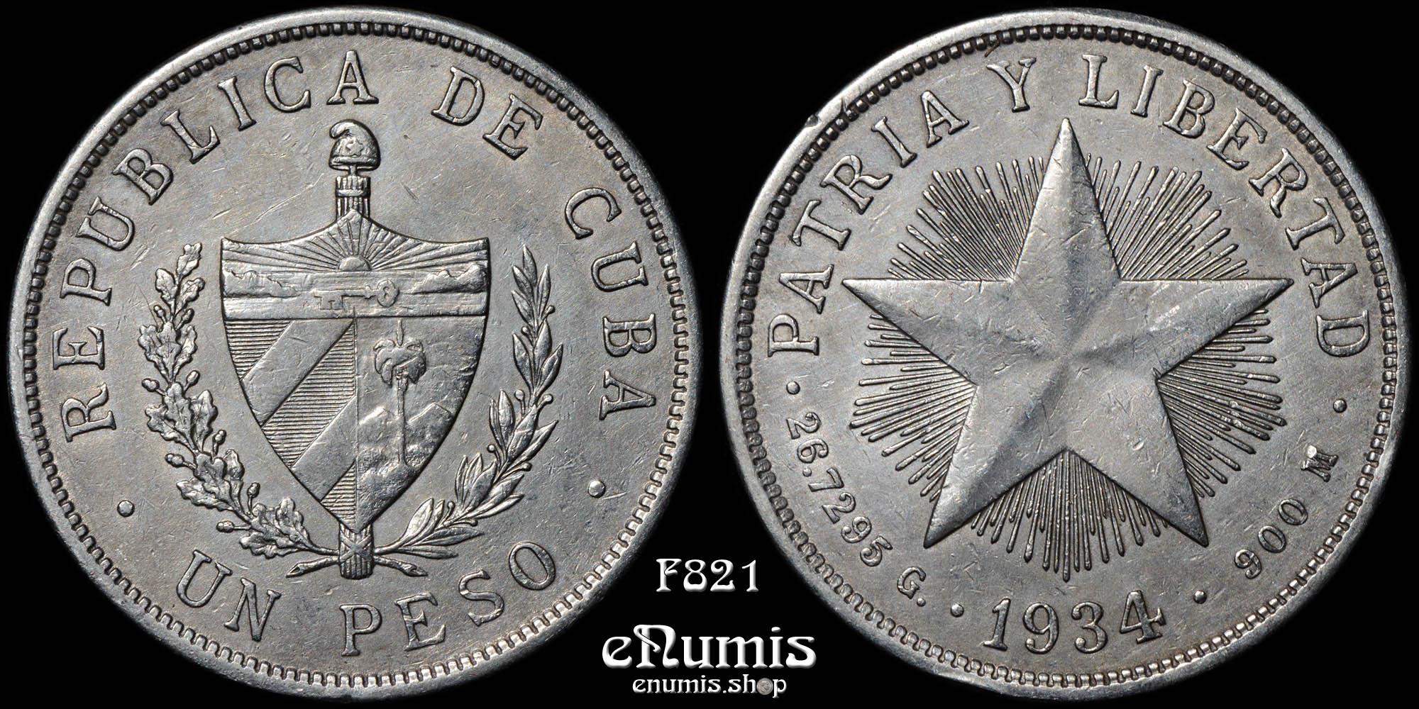 CUBA, 1 Peso 1934, silver, XF+
