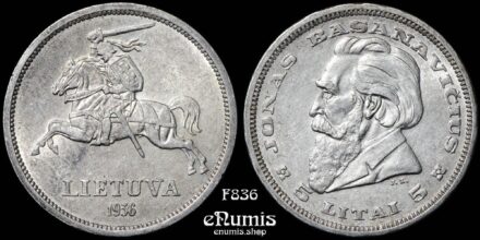 LITHUANIA, 5 Litai 1936, Basanavicius, aUNC
