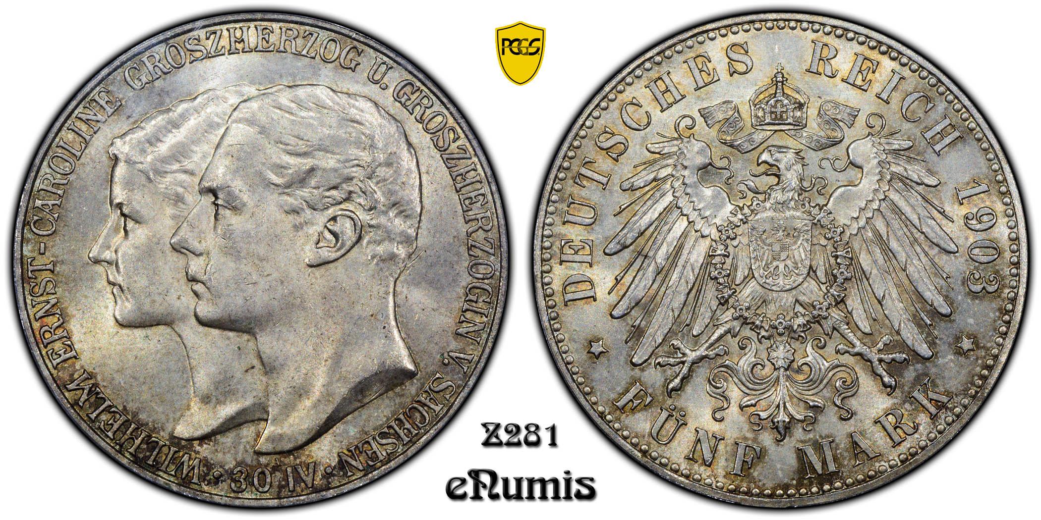 Saxe-Weimar-Eisenach, Wilhelm Ernst, 5 Mark 1903, Marriage, PCGS MS 64+ Saxe-Weimar-Eisenach, Wilhelm Ernst, 5 Mark 1903, Marriage, PCGS MS 64+