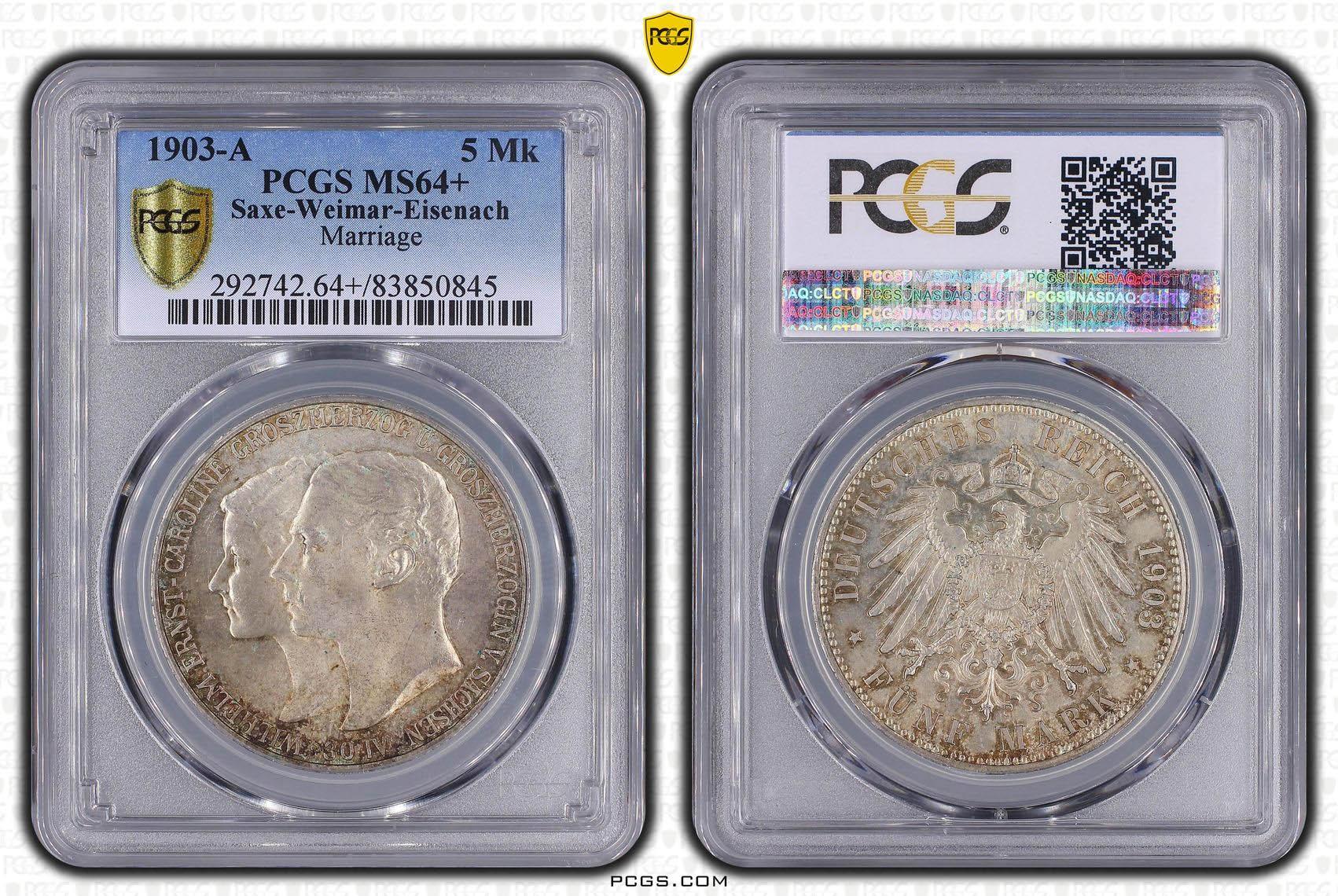 Saxe-Weimar-Eisenach, Wilhelm Ernst, 5 Mark 1903, Marriage, PCGS MS 64+ Saxe-Weimar-Eisenach, Wilhelm Ernst, 5 Mark 1903, Marriage, PCGS MS 64+