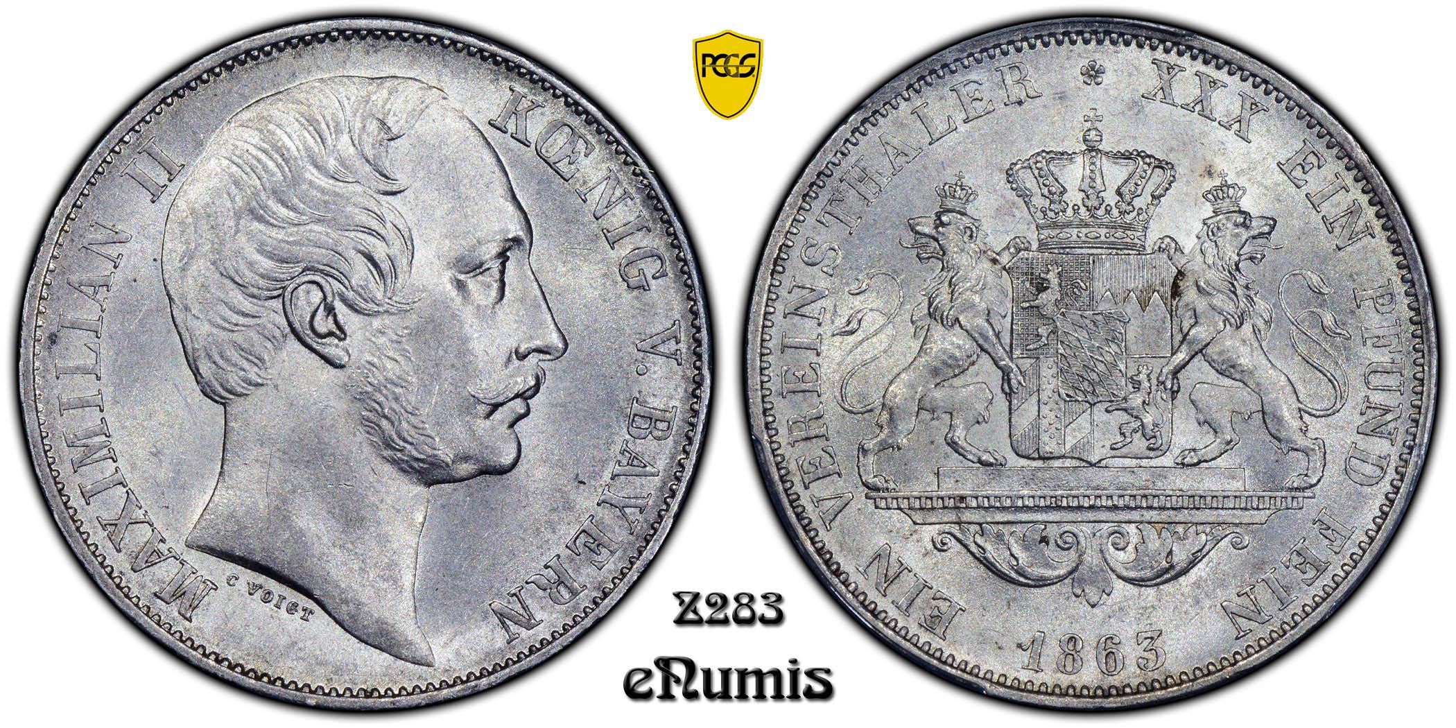 Germany, Bavaria, Maximilian II, Taler 1863, Top Pop, PCGS MS 64