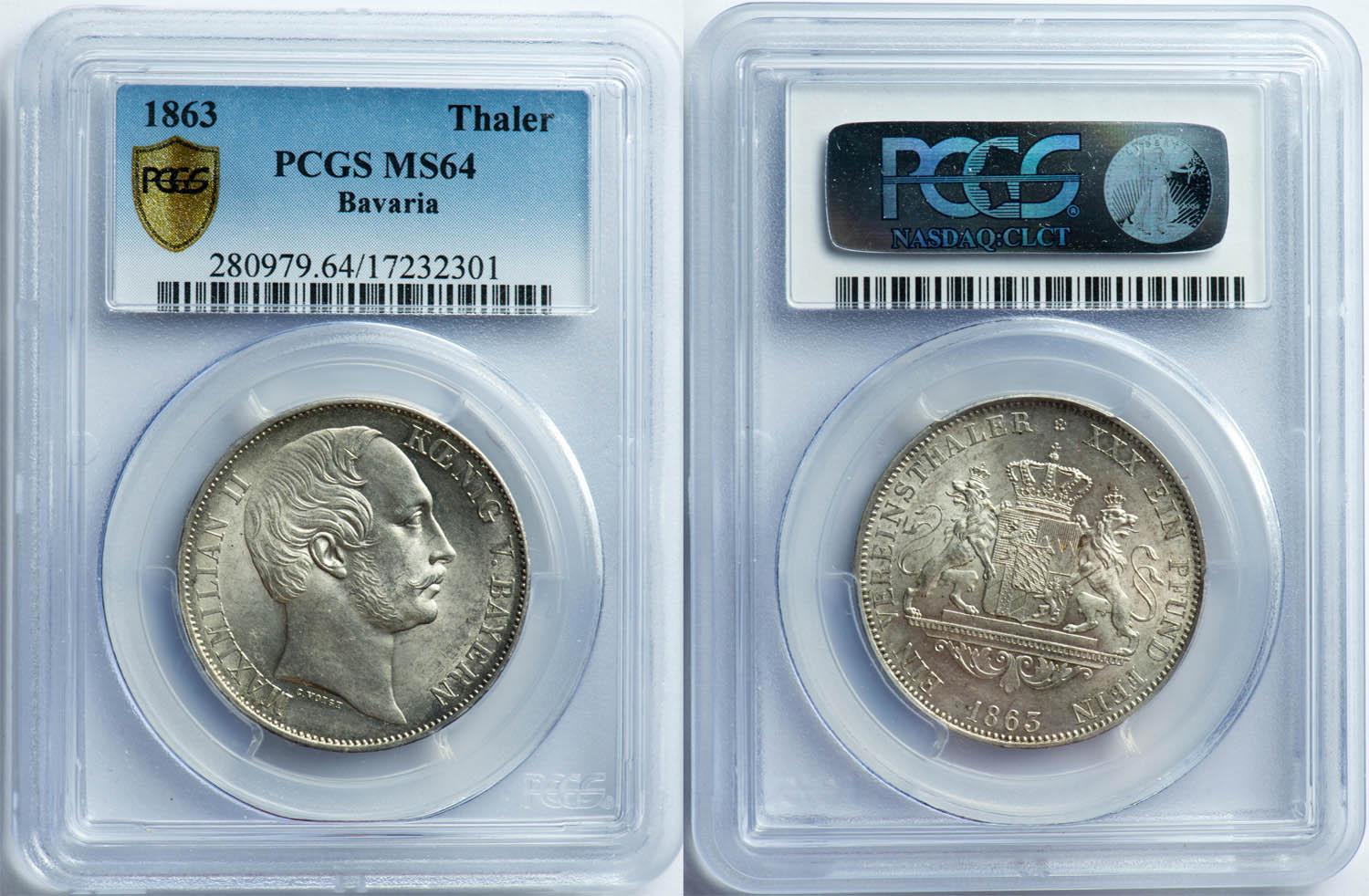 Germany, Bavaria, Maximilian II, Taler 1863, Top Pop, PCGS MS 64