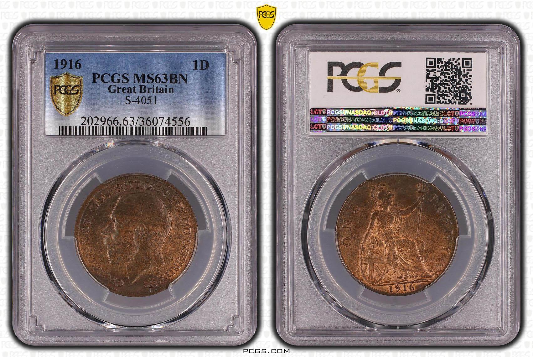 Great Britain, George V, Penny 1916, Top Pop, PCGS MS 63 BN Great Britain, George V, Penny 1916, Top Pop, PCGS MS 63 BN