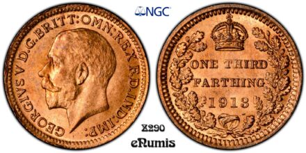 Great Britain, George V, 1/3 Farthing 1913, NGC MS 66 RD