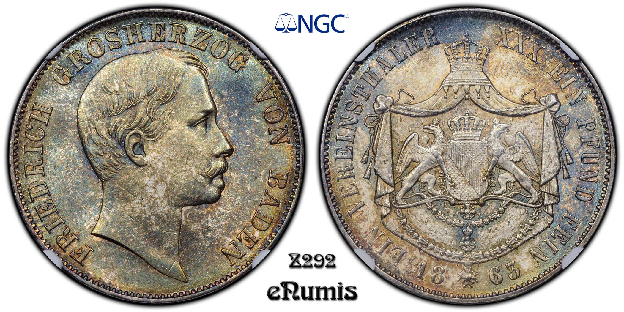 Germany, Baden, Friedrich I, Taler 1863, Top Pop, NGC MS 65