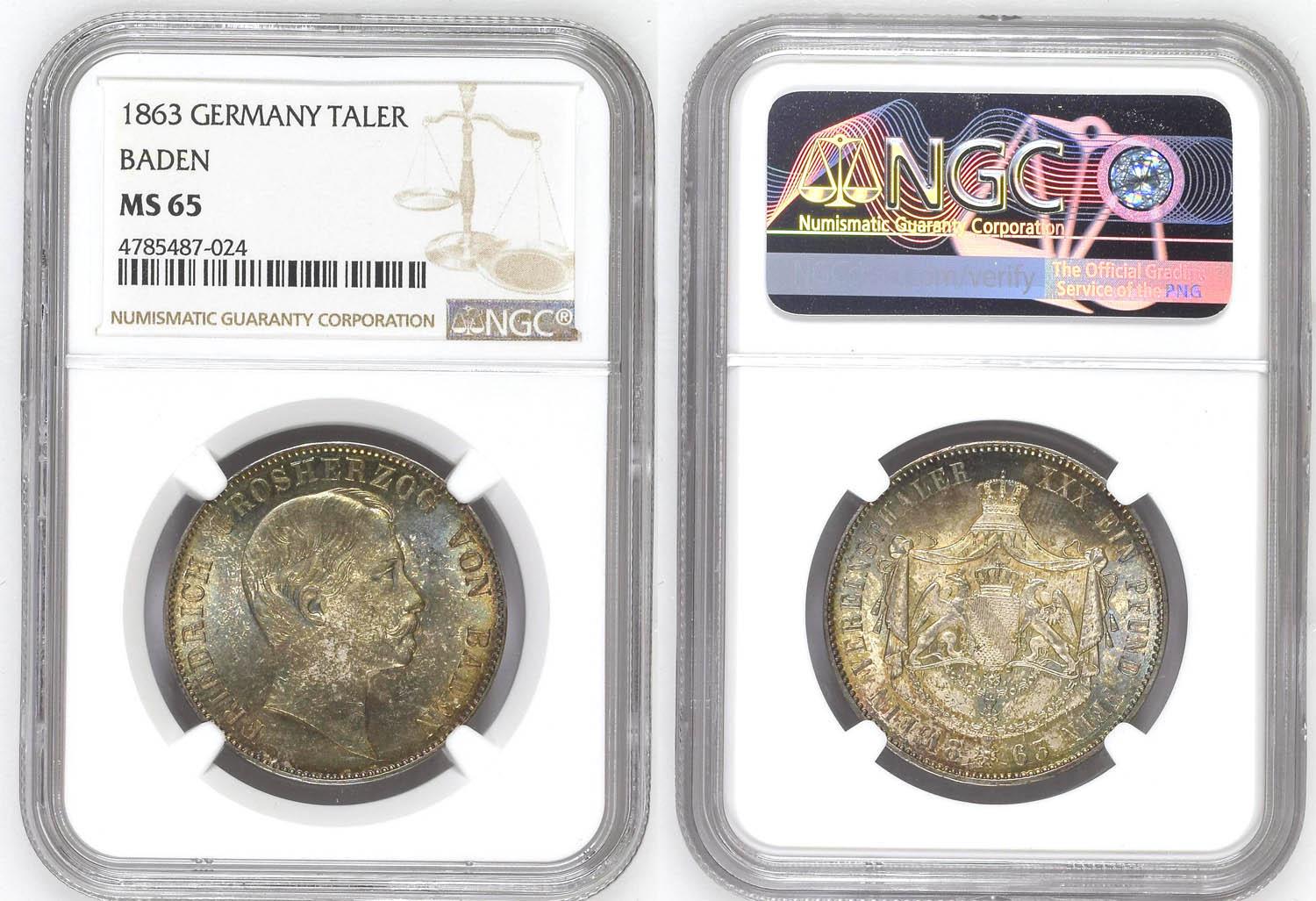 Germany, Baden, Friedrich I, Taler 1863, Top Pop, NGC MS 65