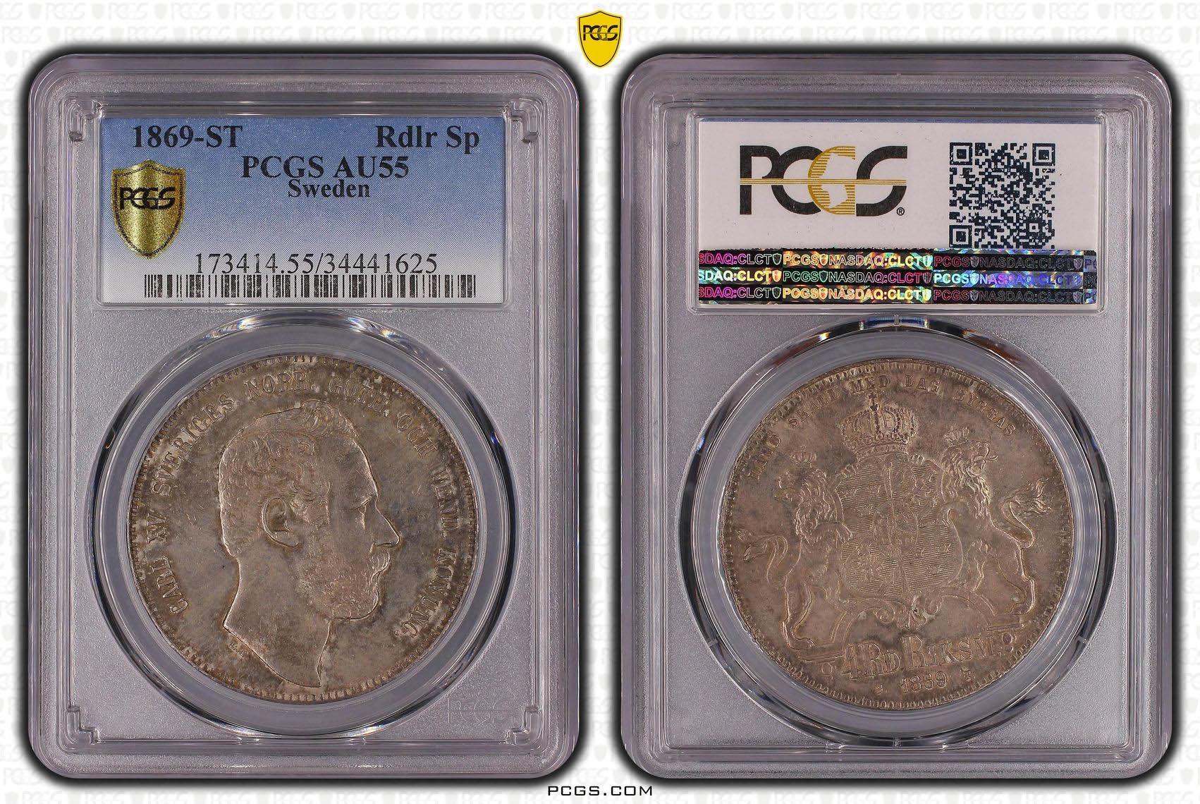 SWEDEN, Karl XV, Riksdaler Specie (4 Riksdaler Riksmynt) 1869, PCGS AU 55