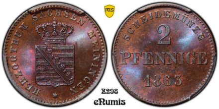 Germany, Saxe-Meiningen, Bernhard II, 2 Pfennige 1863, Rarest year, Top Pop, PCGS MS 65 BN