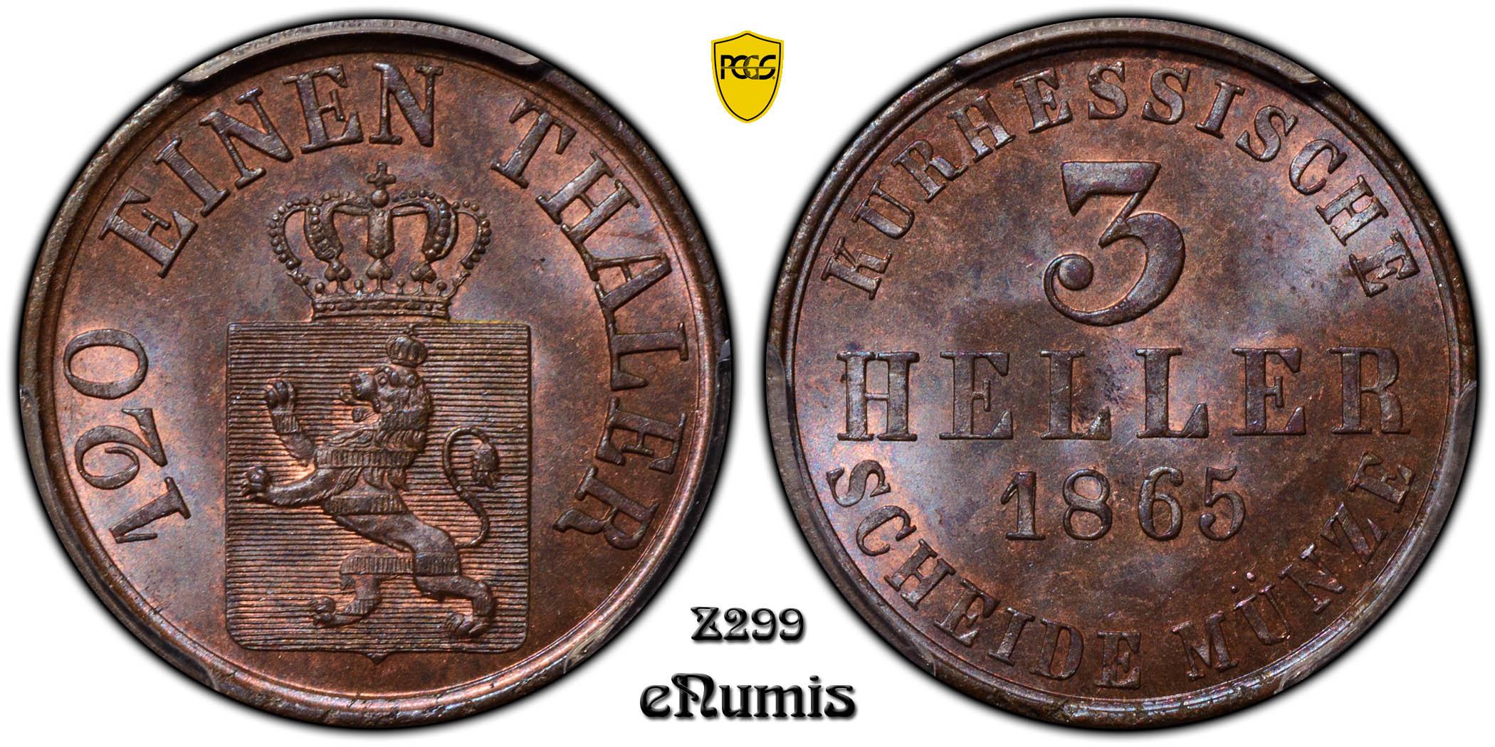 Germany, Hesse Cassel, Friedrich Wilhelm I, 3 Heller 1865, Top Pop, PCGS MS 65 BN