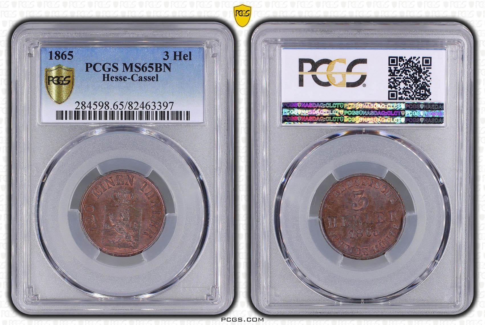 Germany, Hesse Cassel, Friedrich Wilhelm I, 3 Heller 1865, Top Pop, PCGS MS 65 BN