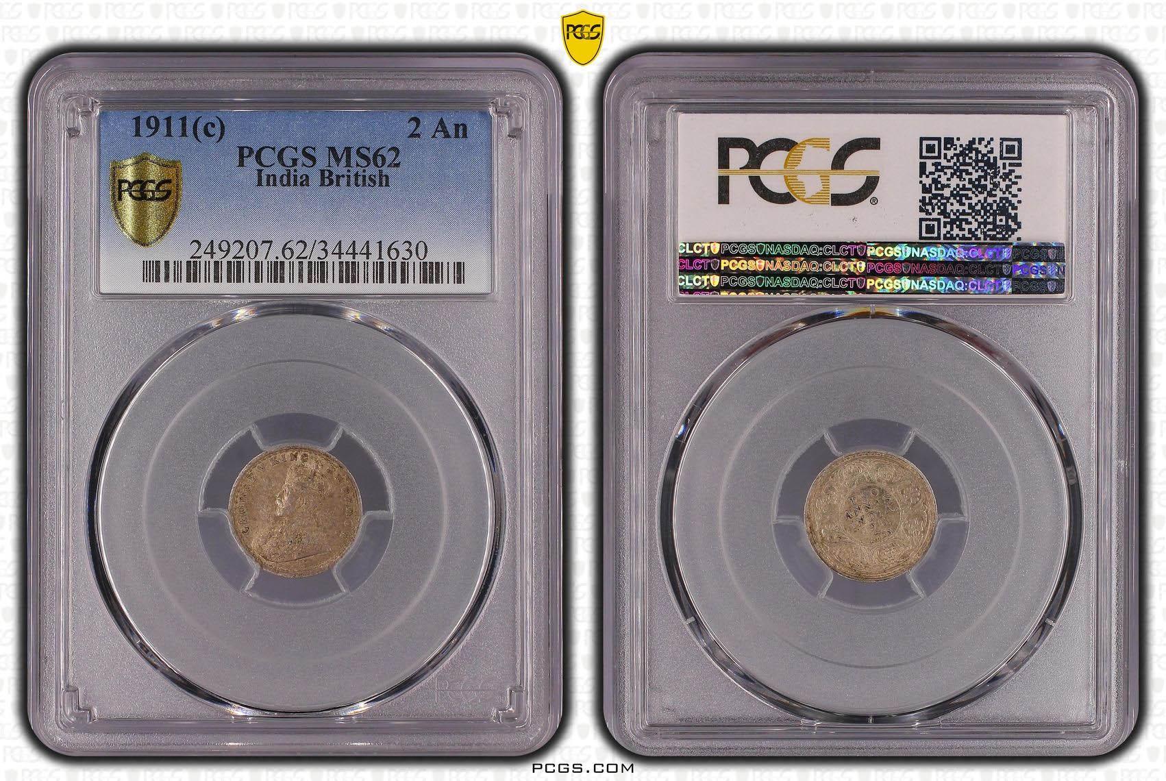 INDIA, George V, 2 Annas 1911, Calcutta, Pig type, PCGS MS 62