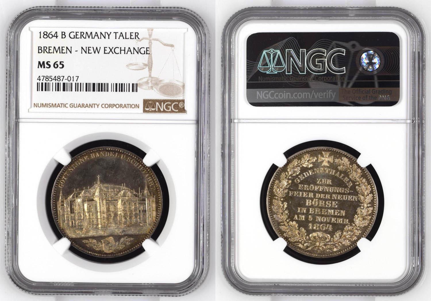 Germany, Bremen, Taler 1864, New exchange, NGC MS 65