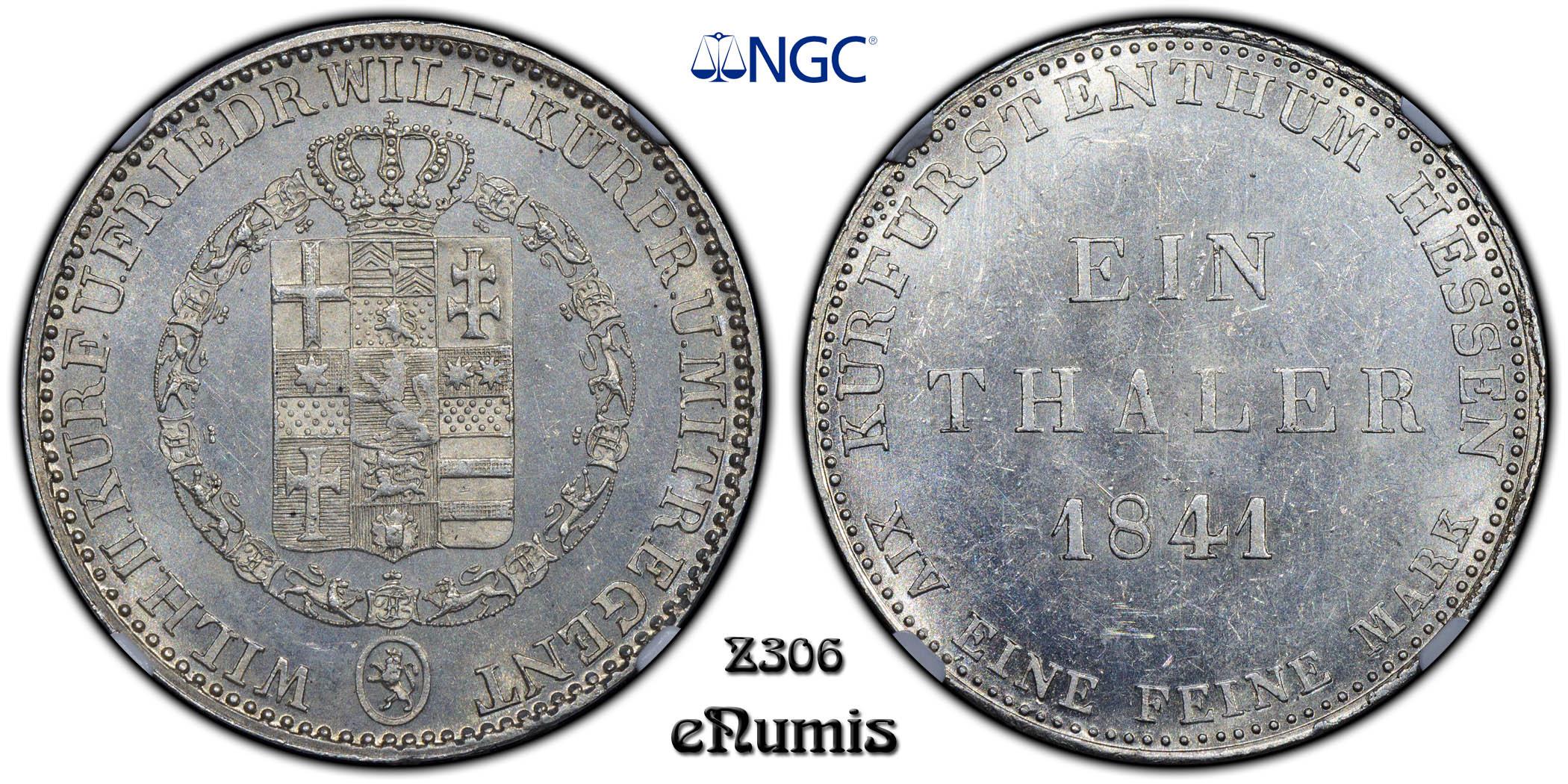 Germany, Hesse Cassel, Wilhelm II and Friedrich Wilhelm, Taler 1841, Top Pop, NGC MS 61
