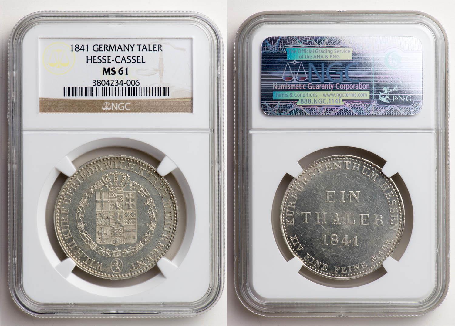 Germany, Hesse Cassel, Wilhelm II and Friedrich Wilhelm, Taler 1841, Top Pop, NGC MS 61