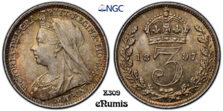 Great Britain, Victoria, 3 Pence 1897, toned, NGC MS 64