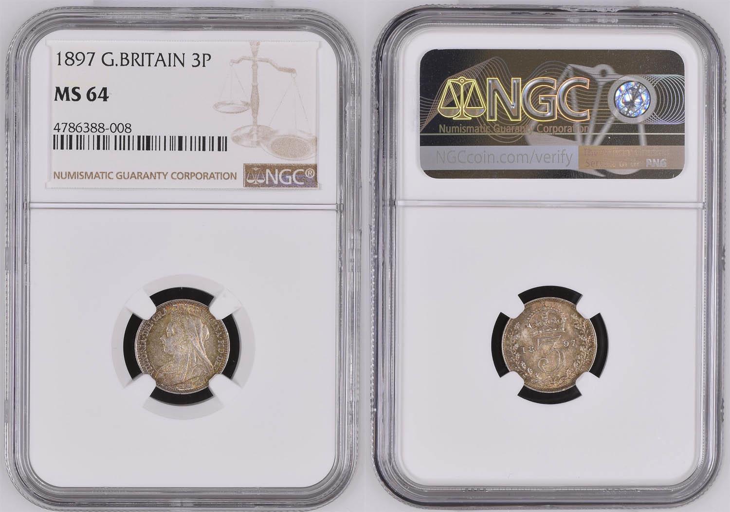 Great Britain, Victoria, 3 Pence 1897, toned, NGC MS 64