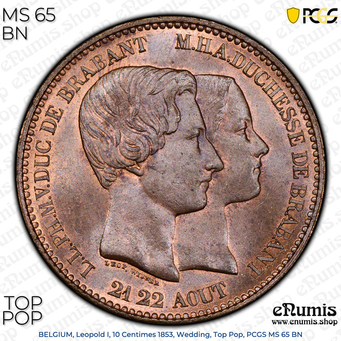 BELGIUM, Leopold I, 10 Centimes 1853, Wedding, Top Pop, PCGS MS 65 BN