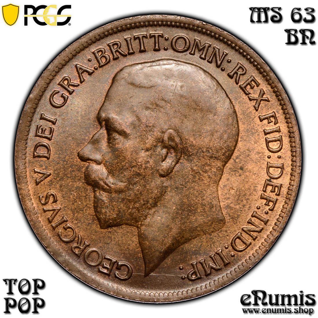Great Britain, George V, Penny 1916, Top Pop, PCGS MS 63 BN Great Britain, George V, Penny 1916, Top Pop, PCGS MS 63 BN