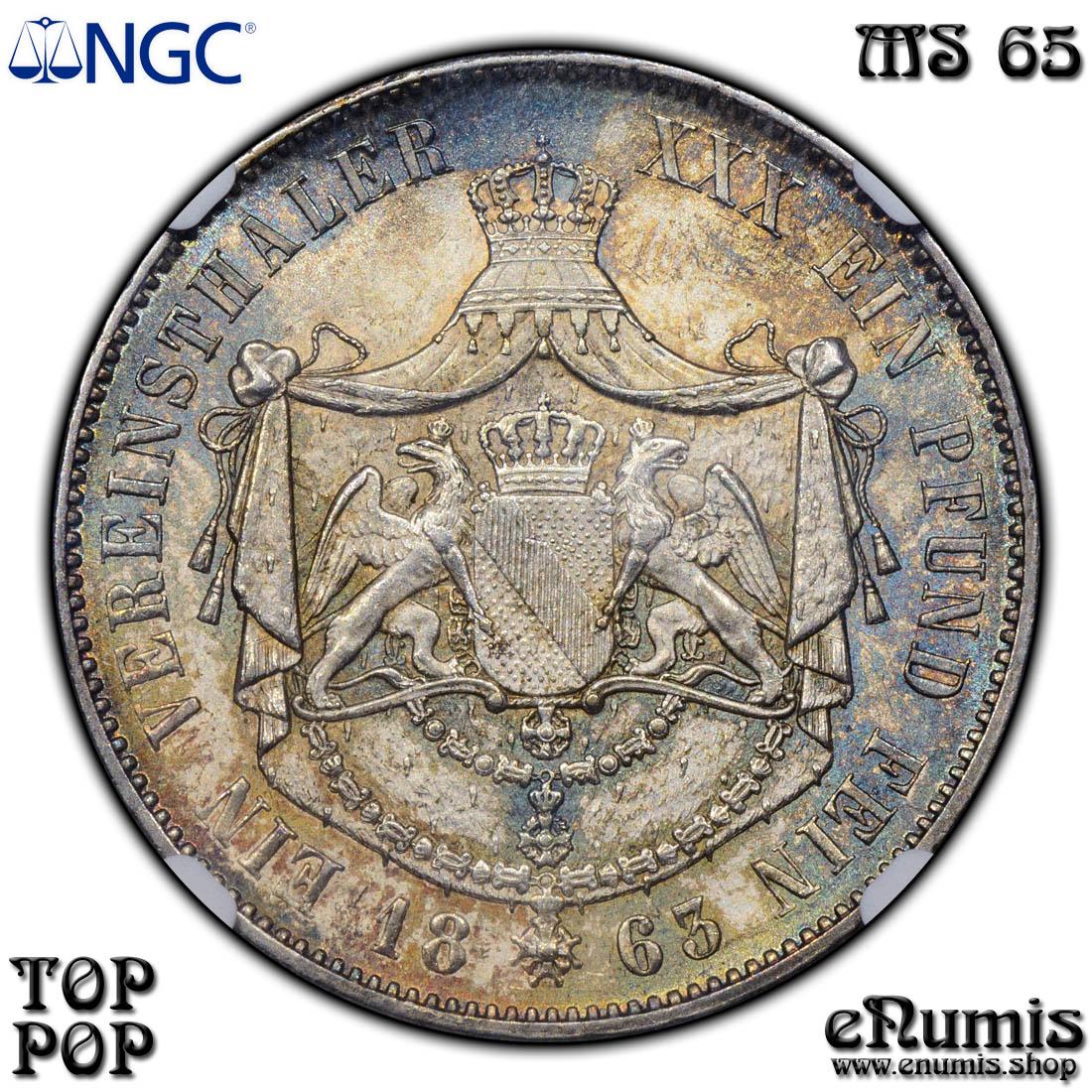 Germany, Baden, Friedrich I, Taler 1863, Top Pop, NGC MS 65