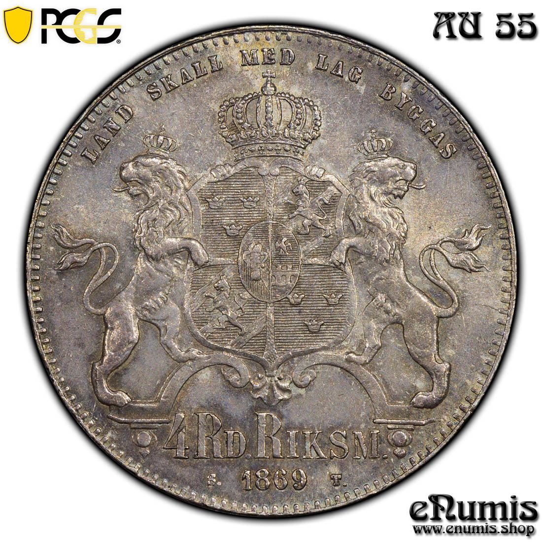 SWEDEN, Karl XV, Riksdaler Specie (4 Riksdaler Riksmynt) 1869, PCGS AU 55