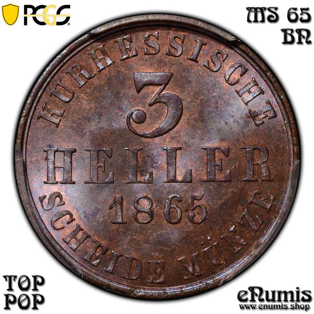 Germany, Hesse Cassel, Friedrich Wilhelm I, 3 Heller 1865, Top Pop, PCGS MS 65 BN