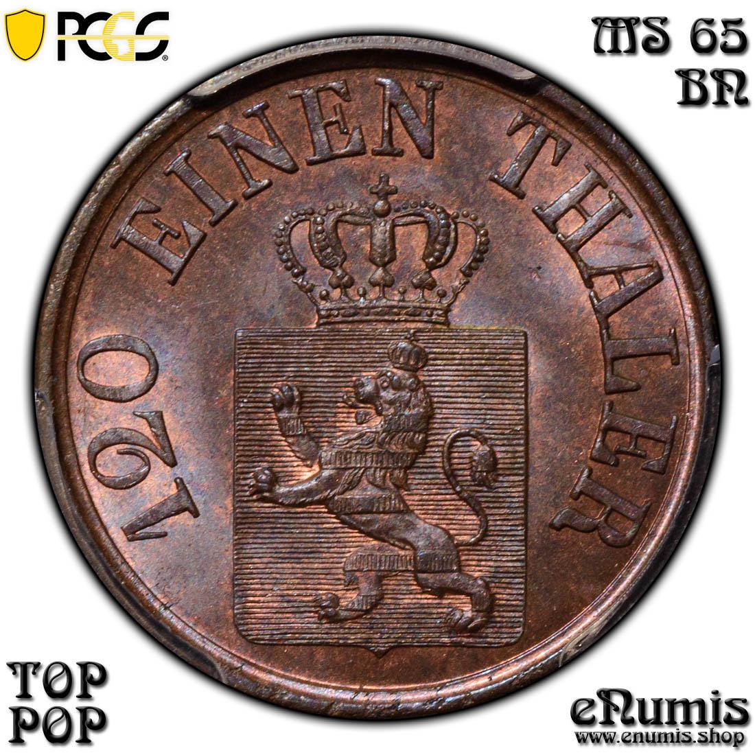 Germany, Hesse Cassel, Friedrich Wilhelm I, 3 Heller 1865, Top Pop, PCGS MS 65 BN
